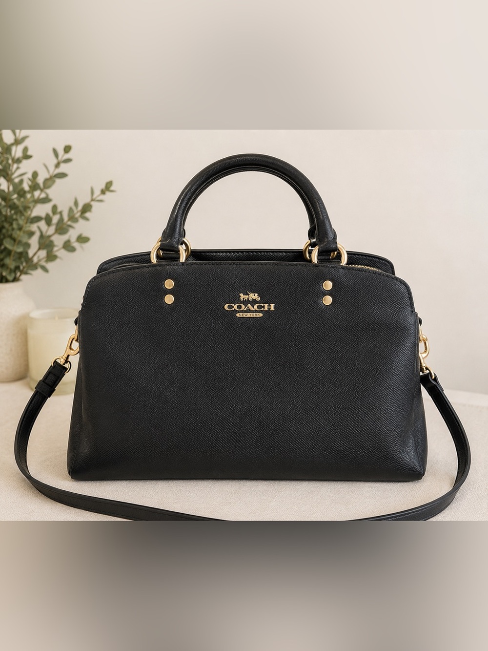 Coach Black Leather Dome Satchel with Gold Crossgrain Leather Crossbody